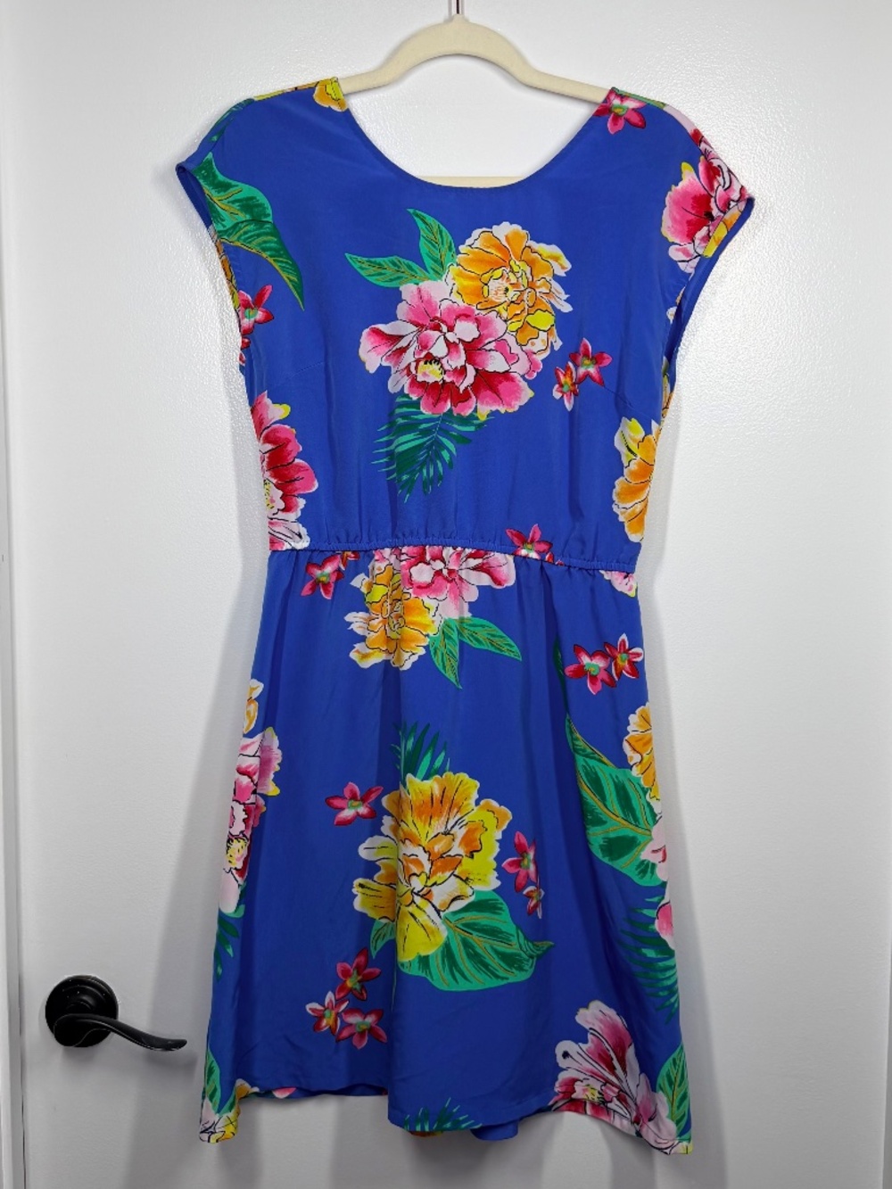 Old Navy Blue Tropical Floral Dress Elastic Waist Cap Sleeve, Medium, Tropical